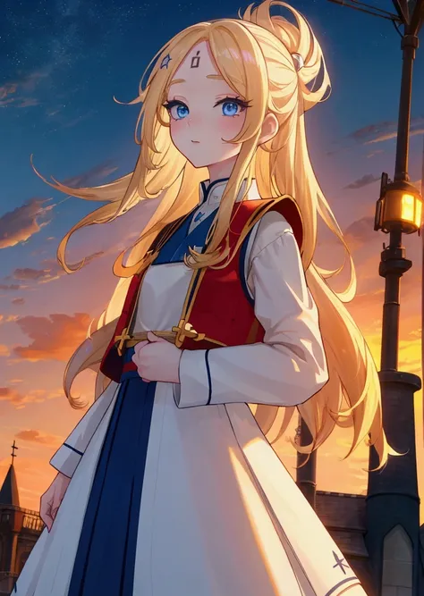 The background is a sunset sunset 、white saint 、白いchurchの服、 blue and white contrast on hand pockets、Night Sky、Sky City、church,Like a game cover、eclecia(Half Blonde、 blue eyes、blue eyeliner 、 red cheeks 、 has long eyelashes）、 ( high resolution CG Unity 8K W...