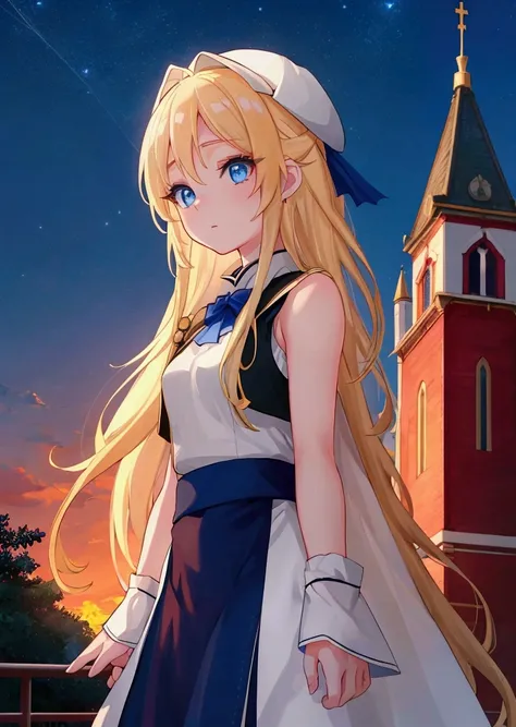 The background is a sunset sunset 、white saint 、白いchurchの服、 blue and white contrast on hand pockets、Night Sky、Sky City、church,Like a game cover、eclecia(Half Blonde、 blue eyes、blue eyeliner 、 red cheeks 、 has long eyelashes）、 ( high resolution CG Unity 8K W...