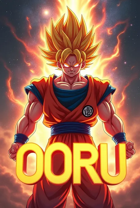 Goku Super Sayan God and the letters OORU in large and legible 