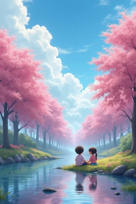 Make a image where a young boy sitting with a young girl, there is a river, therevarevso many oink tress, there are so many clouds in the sky, there is a sun, 