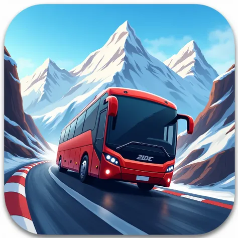 Create an icon for bus racing game, show only one bus in the icon with mountains on background, hilly track, zoomed camera