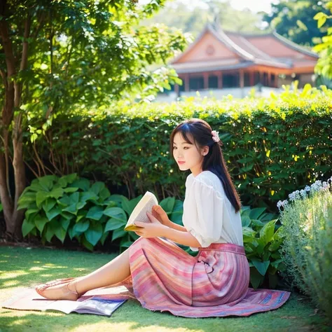 Beautuful thai woman wearing blose tuck off and thai chiang Mai traditional skirt, sitting on a garden and reading a book.