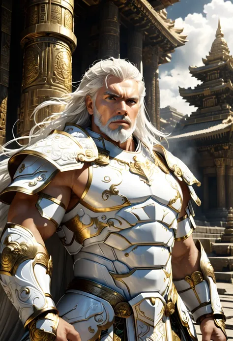 a close up of a 1men in armor armor, Complex armor patterns， gold tracing around some armor pieces, golden armor ，ancient temple background，Clouds in the sky surround the sun，(professional 3d render:1.3) of (Realistic:1.3) ，long white hair 2.0 soft feature...