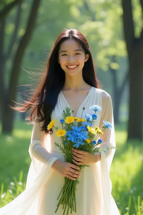 Detailed and descriptive
A young Asian woman with long, flowing hair, wearing a flowing white dress, standing in a natural setting. She is holding a bouquet of blue and yellow flowers and smiling happily in the sunlight. The image should be realistic and c...