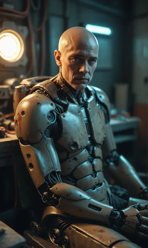 score_9, score_8_up, score_7_up, score_6_up, photo, realism, photorealistic, mechanical male, cyborg, thin, bald head, exoskeleton, rusty armor, sad, looking at viewer, sitting, old workshop, cyberpunk, dark lighting, neon glow, depth of field, bokeh