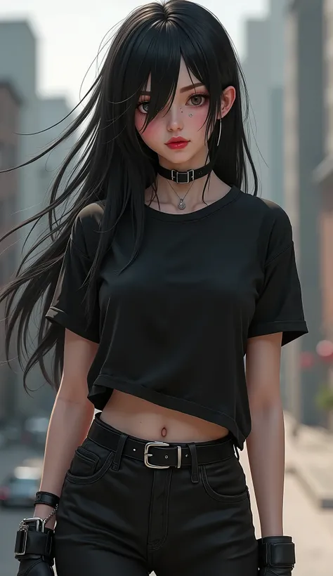 Create an image of a hyperrealistic video game character, focusing on a solo female figure. She has long, flowing black hair and striking red lips, with a distinctive mole on her cheek. The character is wearing a black t-shirt paired with a belt and pants,...