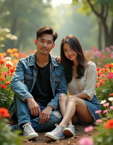 Realistic 3D Photo of Handsome Indonesian Man Age 30, Short Hair, Wearing Black T-shirt, Levis Jacket, Ripped Pants, Converse Shoes with Beautiful Indonesian Woman Age 27, Jeans Skirt, sitting in a beautiful flower garden facing the camera with full HD flo...