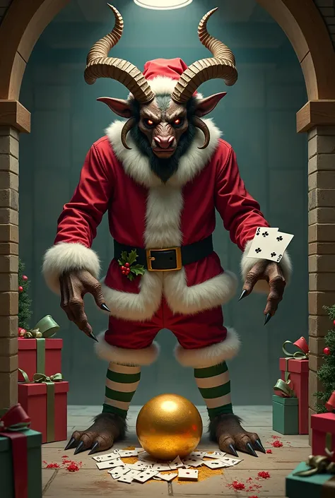 Krampus with a Christmas costume and a deck, a shiny golden sphere broken , In a Christmas bunker 