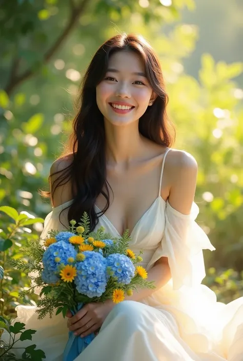 Detailed and descriptive
A young Asian woman with long, flowing hair, wearing a flowing white dress, siting in a natural setting. She is holding a bouquet of blue and yellow flowers and smiling happily in the sunlight. The image should be realistic and cap...