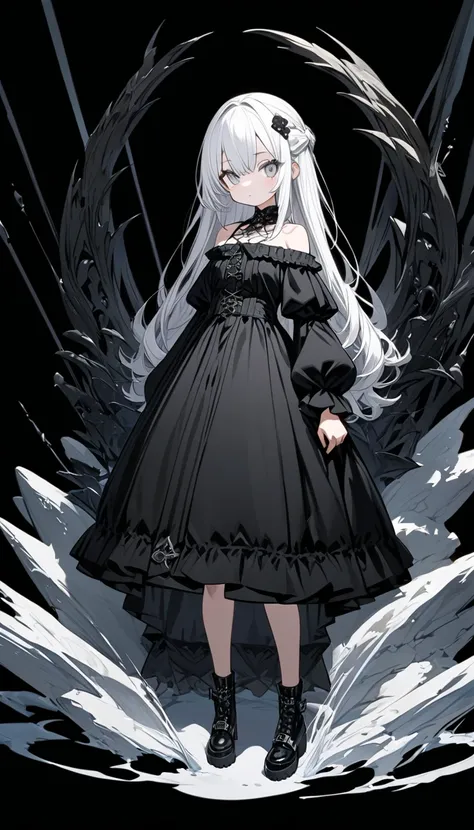  ultra detail, cute girl,　Long white hair,　Silver Eyes, 　Off-the-shoulder gothic ,black clothes, white background ,whole body,standing