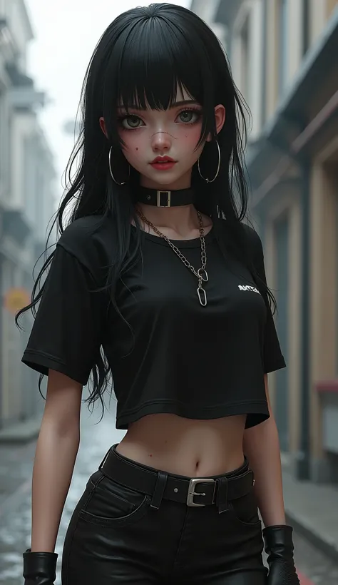 Create an image of a hyperrealistic video game character, focusing on a solo female figure. She has long, flowing black hair and striking red lips, with a distinctive mole on her cheek. The character is wearing a black t-shirt paired with a belt and pants,...