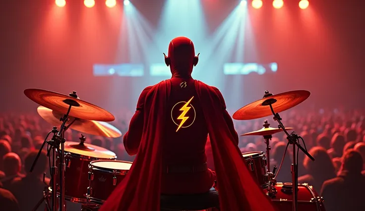 Flash  Playing Drums: "A   dressed as The Flash, sitting behind a drum kit on stage. The  is in a full Flash costume with a cape, playing the drums energetically with fast, rhythmic beats. The stage is vibrant with flashing lights and cinematic effects, si...