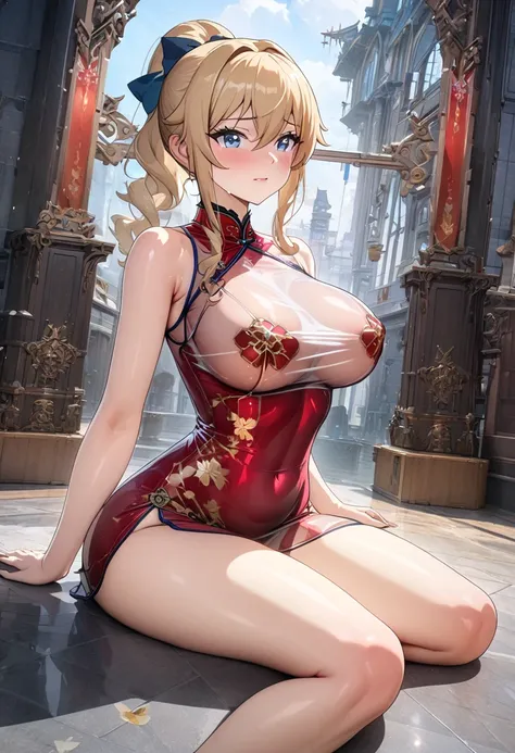 8k, masterpiece, best quality, ultra detailed, Ultra-high resolution, Highly detailed CG, break, 1girl, jean(genshin impact), kawaii, nsfw, big breasts, slender, (translucent Cheongsam:1.2), full body, indoors, sitting on sofa
