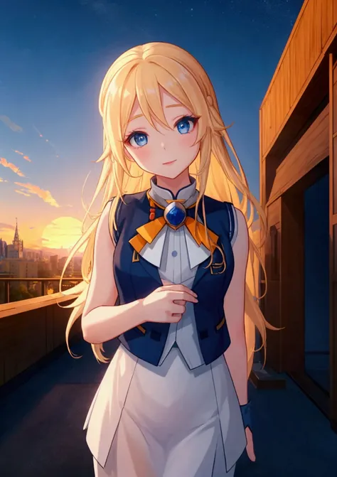 The background is a sunset sunset 、white saint 、白いchurchの服、 blue and white contrast on hand pockets、Night Sky、Sky City、church,Like a game cover、eclecia(Half Blonde、 blue eyes、blue eyeliner 、 red cheeks 、 has long eyelashes）、 ( high resolution CG Unity 8K W...