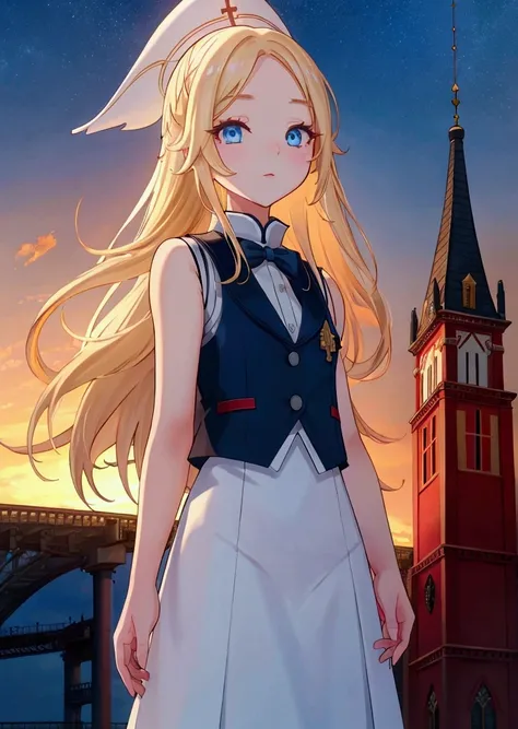 The background is a sunset sunset 、white saint 、白いchurchの服、 blue and white contrast on hand pockets、Night Sky、Sky City、church,Like a game cover、eclecia(Half Blonde、 blue eyes、blue eyeliner 、 red cheeks 、 has long eyelashes）、 ( high resolution CG Unity 8K W...