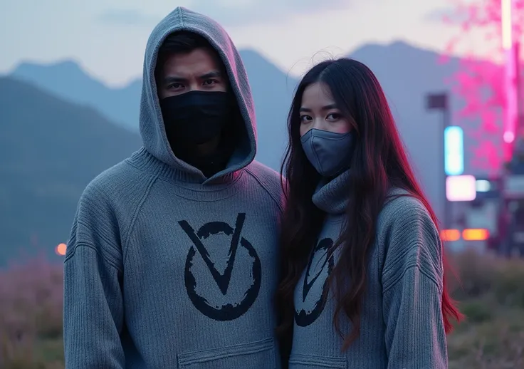 Alan Walker wearing a mask and a sweater ft girl with mountains spring with sweater and drone wars neon light and with the W logo