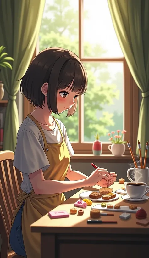 A clean and detailed illustration anime style perfect for music-related artwork.  woman wearing a neat apron is seated at a tidy desk, working on miniature clay food for stuffed animals. she is short hair. She is crafting tiny loaves of sweets, her hands d...