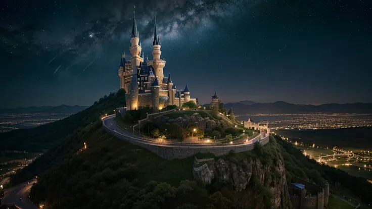 scenic pictures、Western style castle、there is a winding road leading to the castle。Magic Night, Disney style illustrations, magical lullabies, dreamy atmosphere, starry sky,,bedtime stories, Animated backgrounds, night adventures, Sweet dreams, unique fant...