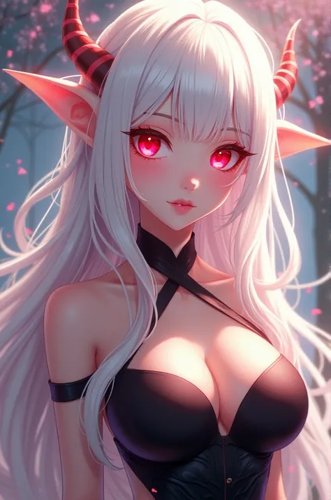 Create a beautiful anime woman , white pele, elf ears,  long albino hair and radiant red eyes. She wears a black top, She has big boobs  ( I want the photo to have from head to torso )