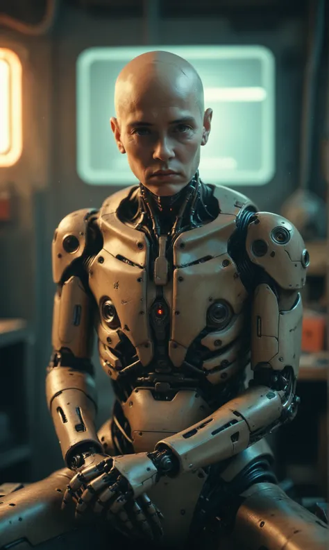 score_9, score_8_up, score_7_up, score_6_up, photo, realism, photorealistic, cowboy shot, mechanical male, cyborg, thin, bald head, exoskeleton, rusty armor, sad, looking at viewer, sitting, old workshop, cyberpunk, dark lighting, neon glow, depth of field...