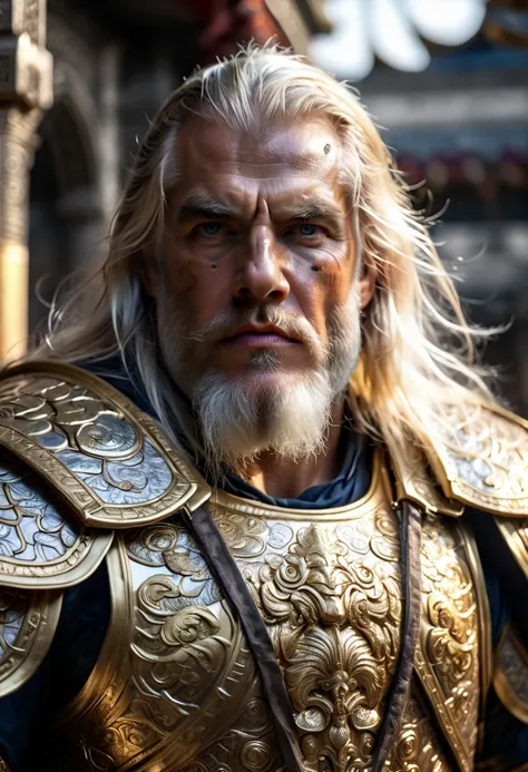 a close up of a 1men in armor armor, Complex armor patterns， gold tracing around some armor pieces, golden armor ，ancient temple background，Clouds in the sky surround the sun，(professional 3d render:1.3) of (Realistic:1.3) ，long white hair 2.0 soft feature...