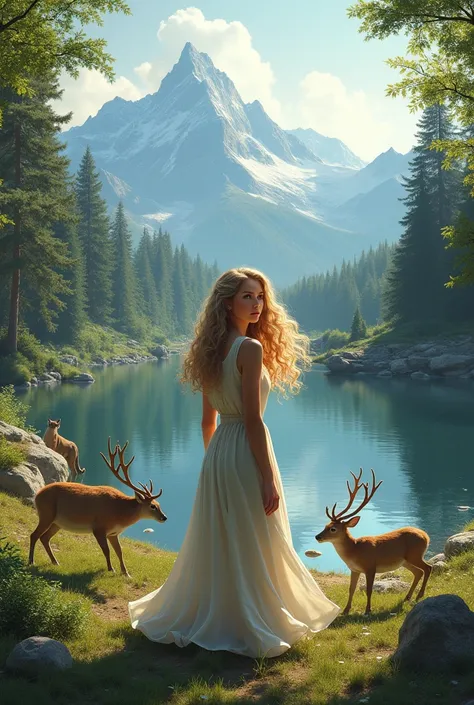 In the foreground is a  with blond curls in the background are mountains in front of the bed is a lake around the bird deer running away from a puma in the picture are many trees 
