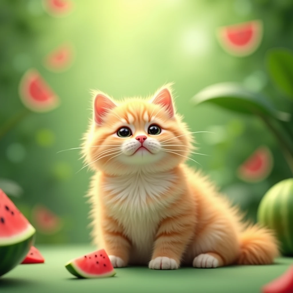 A very cute cat is sitting on a green HD blur lush background designe with only watermelon, realistic, 4k quality picture.