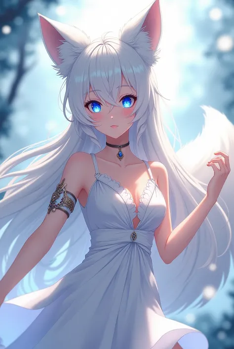 Beautiful anime girl with white hair long fox ears, slightly glowing blue eyes, blue light power, big fluffy white fox tail, big breasts wearing a white dress with a nice armband.