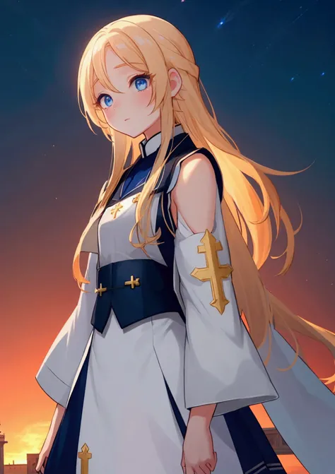 The background is a sunset sunset 、white saint 、白いchurchの服、 blue and white contrast on hand pockets、Night Sky、Sky City、church,Like a game cover、eclecia(Half Blonde、 blue eyes、blue eyeliner 、Droopy eyes、 red cheeks 、 has long eyelashes）、 ( high resolution C...