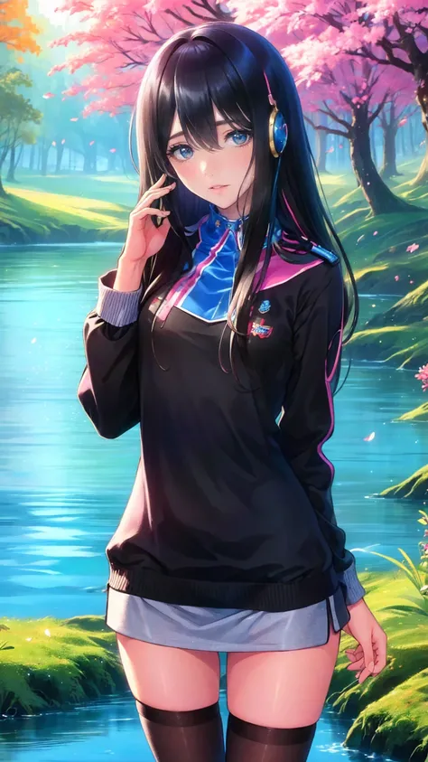  1 girl wearing a long-sleeved sweater to cover her uniform  .  she also wears black tights and wears headphones around her neck. In most cases,  she has bangs partially covering her eyes , small breasts,  blue eyes, Black hair with red lines of hair ,  by...