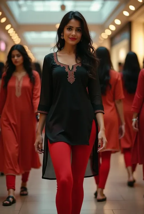 Girl in churidar Indian kurti knee length kurti short both side cut kurti black kurti and red tight legging hot scene Full image from head to leg hot ass leg spread on shopping mall all women in churidar Indian kurti knee length kurti short knee length kur...