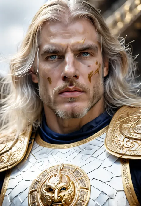 a close up of a 1men in armor armor, Complex armor patterns， gold tracing around some armor pieces, golden armor ，ancient temple background，Clouds in the sky surround the sun，(professional 3d render:1.3) of (Realistic:1.3) ，long white hair 2.0 soft feature...