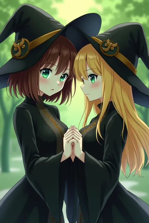 Anime green-faced sexy witch, with brown bob hair, black witch hat, sexy witch outfit. Besides her is a cute green-faced witch, with blonde long hair, black witch hat, sexy witch outfit. They hold each others hands with embrace.