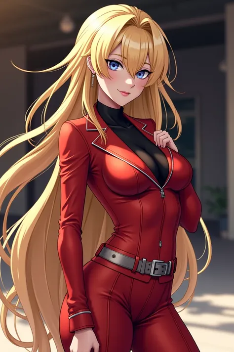  Physically fit woman with long blond hair and big breasts wearing a red suit anime version