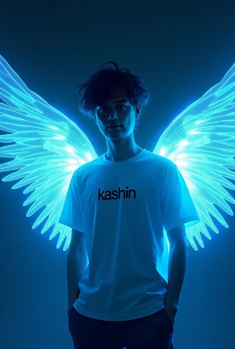 A boy of 25 year old very beautiful & his hear are too beautiful he wear t shart write on shart" kashin". with neon blue light boy is in attitude back ground is black. Boy having wings of neon light