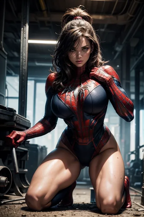 battlefield， messy hair，Defeated Spiderman ， is a superhero kneeling，， Sexy Body，big natural breasts，fleshy thighs，busty body，perfect body，Model，focus on the Models figure，Look at the Model from below， sports socks，The whole picture is a perfect body，perfe...