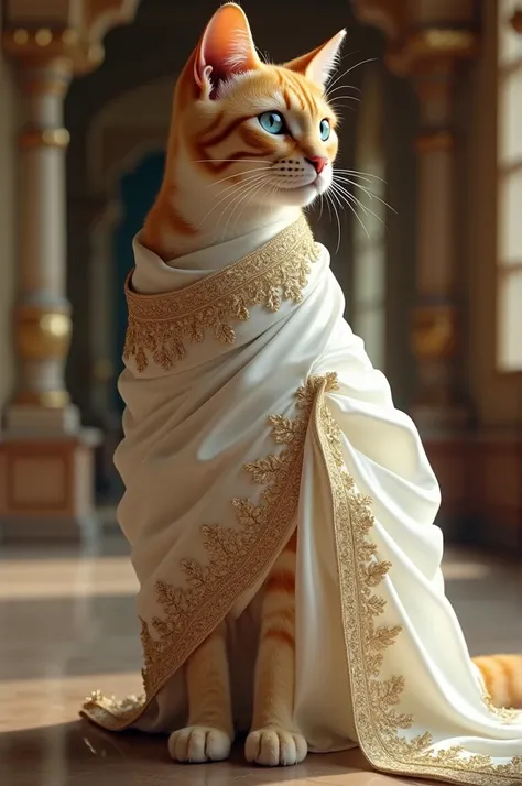 A graceful female cat with orange fur and blue eyes, clad in a pristine white saree embroidered with intricate gold designs, standing in a luxurious heritage setting.  