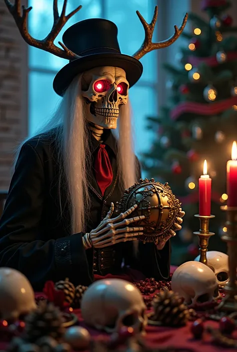 Heres a detailed prompt description for the image:
 
Prompt:
 
A highly detailed, dark fantasy image of a skeletal figure, seemingly a steampunk-inspired death or grim reaper, adorned in a top hat with antlers and long, flowing white hair.  The skull face ...