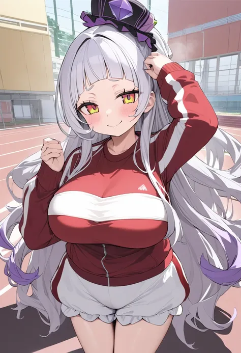 ( top quality, 8k, masterpiece),　 girl、young、Idol、1 person、 murasaki shion, 、 hololive ,Silver Hair  , Big Breasts ,smile、 like heaven、 red cheeks 、Tanimachis emphasis 、A rich variety of skin tones  , (  track jacket, Gym clothes, Bloomers,  track pants  :...