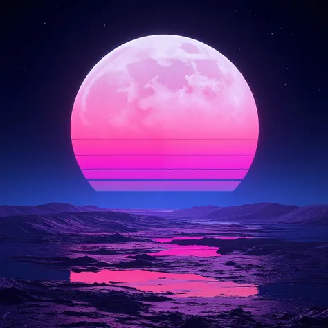 Synthwave moon view ground from the earth