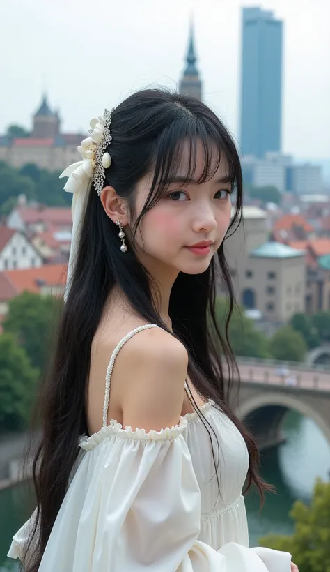 A striking image of a young woman with very long black hair adorned with a delicate hair ornament and a ribbon, standing confidently in an outdoor cityscape. She is wearing a flowing white dress that elegantly reveals her bare shoulders and features intric...