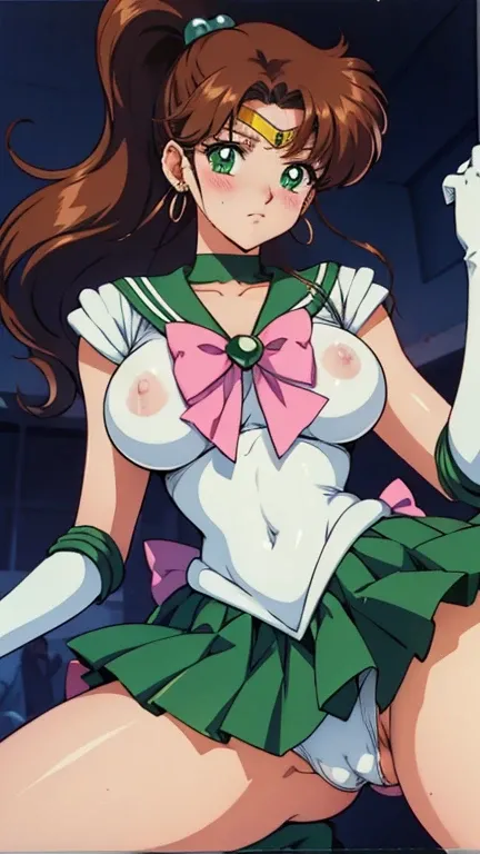 Huge breasts, nipples, vagina, skirt lift, pussy, Highest quality, High resolution, 1990s (style), retro artstyle, 1990s anime cels style, Sailor Jupiter, Fighting, Sailor Warrior Uniform, Green sailor collar, White gloves, Green pleated skirt, Pink ribbon...