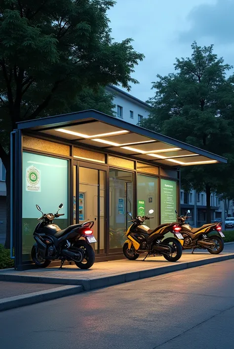  a bus stop with capacity for 20 people ,  with air conditioning ,  Transparent, with television ,  with ATM , cell phone charger ,  with an ecological exterior and next door a motorcycle taxi stop for three motorcycles, fully illuminated ,  with a height ...