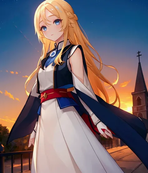 The background is a sunset sunset 、white saint 、白いchurchの服、 blue and white contrast on hand pockets、Night Sky、Sky City、church,Like a game cover、eclecia(Half Blonde、 blue eyes、blue eyeliner 、Droopy eyes、 red cheeks 、 has long eyelashes）、 ( high resolution C...