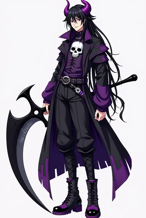 A full-body illustration of a male character in Japanese anime style, combining features from two references. The character has traditional black reggae dreadlocks and upward-pointing purple horns from the first reference. From the second reference, they f...