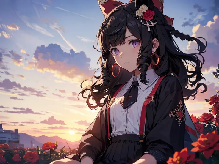 Solo, Girl, (Human Ears, Short Height, Flat Chest), (Ring Earrings), (Black Hair, Long Hair, Curly, Vertical Curls in Front of Bangs), (Flower Hair Ornament, Hair Tie Back with Big Red Ribbon), (Sitting Flat), (Face Away, Heavy Makeup), (Purple Clothing, V...