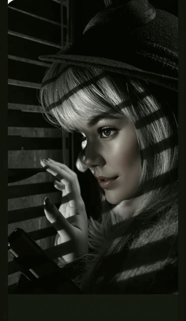 Close-up of a womans side face， A womans side looking forward ，She takes a picture of a woman looking sideways while holding the shutters leaf ， Light and shadow cast a projection on her face from the shutters， blonde hair， through her head and wearing lig...