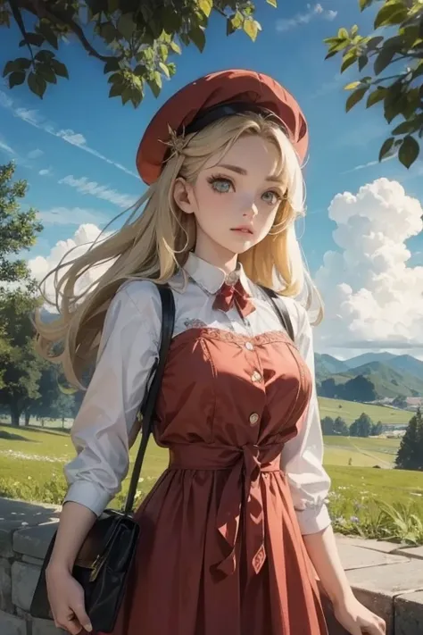 (  masterpiece ,  top quality,  best quality , official art, detailed:1.2), PriscilaW3 , 1 , Alone,  long hair, breasts,  looking at the viewer,  blonde hair ,  red hat,  green eyes,  outdoor, sky, is,  cloud,  tree , blue sky, mountain, realistic