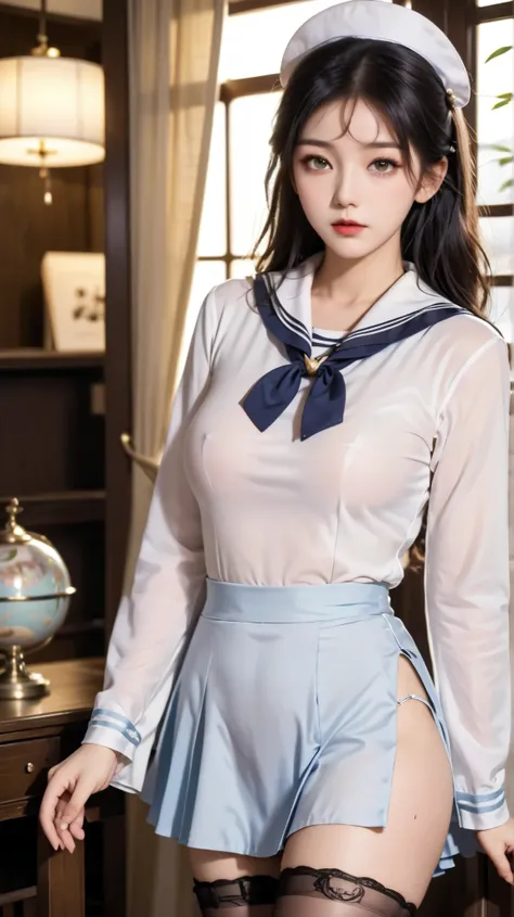 classroom, ((( sailor suit)))、 girl,  The Eyes That Seduce Viewers, Shine, Shine, masterpiece, The sweet taste of temptation, nice, masterpiece,  best quality,  Shadow, S-Core_9, S-Core_8_up, S-Core_7_up、(gigantic breast:1.1)、 black hair、 standing 、(Big Ey...