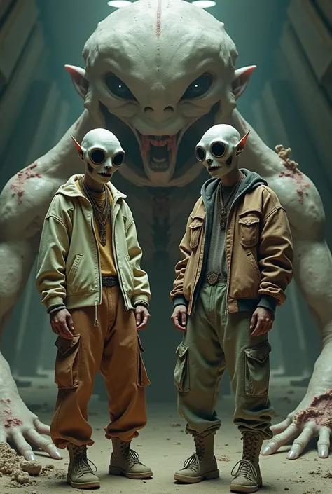 Two super strange looking white rappers possing in front of a huge slaughtered Alien corps 